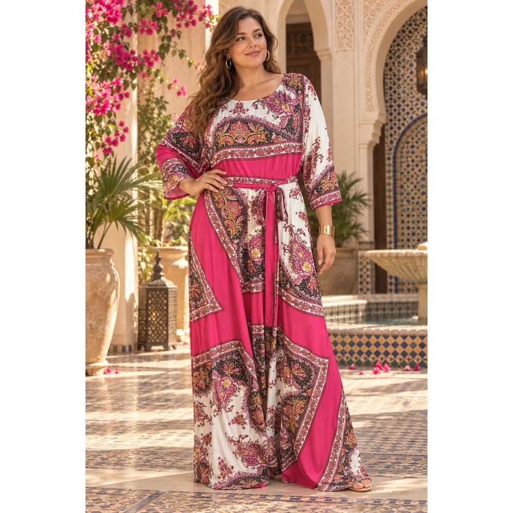 Sexy Diva Women 3XL Pink Paisley Medallion Belted Maxi Dress USA Boho Maximalist